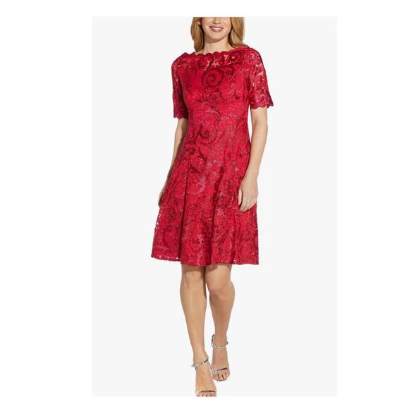 Adrianna Papell Warm Cherry Red Embroidered Lace Midi Dress Sz.2 NWT - Picture 1 of 15